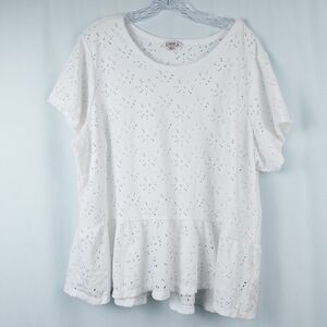 Nanette Lepore Floral Eyelet Peplum Top Womens 2X White Stretch Cottagecore